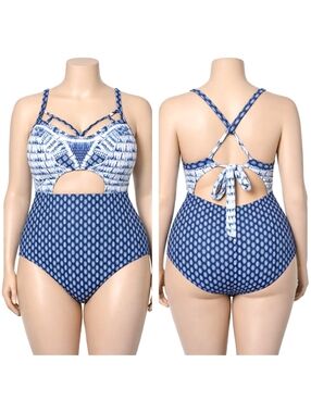 Jessica Simpson Women's Blue/White Shibori Batik Tie Dye Print Cutout Swimsuit
